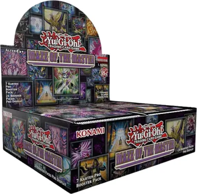 A display box of Yu-Gi-Oh! trading cards.