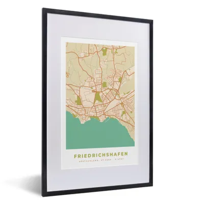 Produktbild von MuchoWow® Gerahmtes Poster Friedrichshafen - Karte - Vintage - Stadtplan - Karte 40x60 cm - Poster mit Schwarzem Bilderrahmen Wandposter Rahmen Foto Bilder - Poster in Rahmen