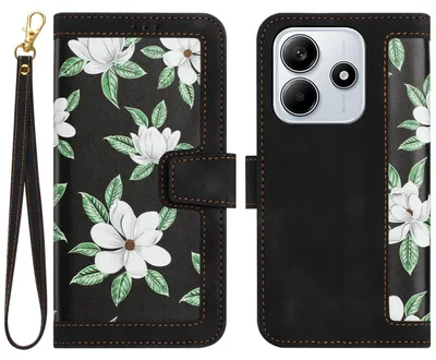 Obrázek produktu pro Pro Xiaomi Redmi Note 14 5G Umělá kůže Peněženka Pouzdro na mobilní telefon Květinový design Pouzdra Černá