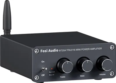 A black Fosi Audio BT20A mini power amplifier with an antenna, knobs, and switches on the front panel.