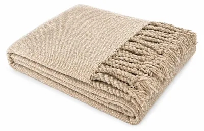Produktbild von Winter Kuscheldecke mit Fransen » Chenille Wolldecke » Wohndecke im Boho Style » Couchdecke 130x170cm » creme-braune Decke