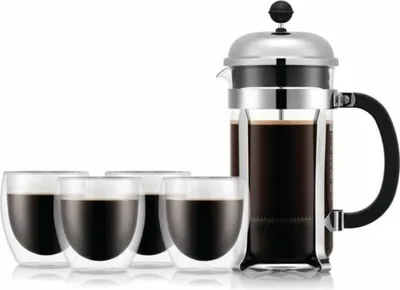 Image de Cafetière French-Press - BODUM - SET CHAMBORD - 8 tasses 1,0 l + 4 verres PAVINA double paroi 25 cl
