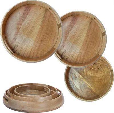 Produktbild von Marrakesch, 3er-Set, Boho-Deko-Tablett, Serviertablett, rund, aus Holz, 40, 36 und 6 cm breit | Servierplatte Kahaya als Tischdekoration für das Wohnzimmer | Vintage-Frühstückstablett, ideal für das Schlafzimmer