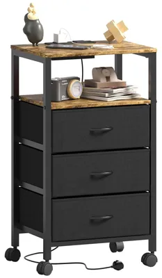 Produktbild von Nachttisch Beistelltisch Nachtschrank - Mit Ladefunktion - 3 Schubladen - 40 x 30 x 73 cm - Vintage Braun