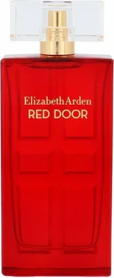A studio shot of a red Elizabeth Arden Red Door perfume bottle.