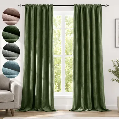 Produktbild von Chenille Vorhänge Grün 2er Set Blickdicht 98% - 510GSM Thermovorhang mit Multifunktionsband Kräuselband 132x214cm Verdunkelung Samtvorhänge für Wohnzimmer Schlafzimmer