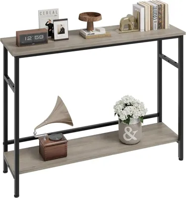 Image de Table console avec étagère - Table d'appoint à 2 niveaux - Étagères en bois réglables - Table pour couloir et canapé, idéale pour le salon et la chambre - Gris