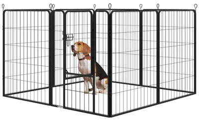 Image de Clôture pour chiens avec porte verrouillable, en acier, pour chiots, composée de 8 panneaux, de couleur noire. Adaptée pour une utilisation intérieure et extérieure, pour les chiens jusqu'à 60 cm de hauteur. Poids : 16 kg. Dimensions : 80 x 100 cm