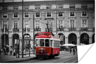 Produktbild von MuchoWow® Poster Schwarz-Weiß-Foto mit einer roten Straßenbahn 120x80 cm - Bilder