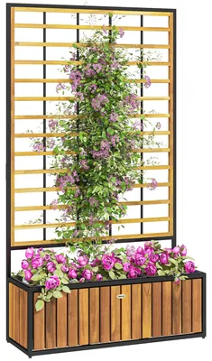 Immagine prodotto di Vaso rialzato - Fioriera - Vaso per piante - Vaso per piante con struttura per piante rampicanti - Fioriera da balcone - Realizzato in legno di acacia e acciaio