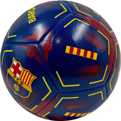 A close-up studio shot of an FC Barcelona soccer ball.