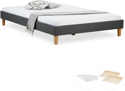 Produktbild von Homestyle4u 2282, Futonbett mit Matratze 140x200 Polsterbett Lattenrost Doppelbett Stoffbett Bettgestell Bett Grau