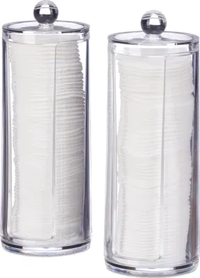 Produktbild von Relaxdays Wattepads Aufbewahrung 2er Set, Acryl, rund, Wattepadspender mit Deckel, Bad & Schminktisch, HxD: 20x7cm, klar