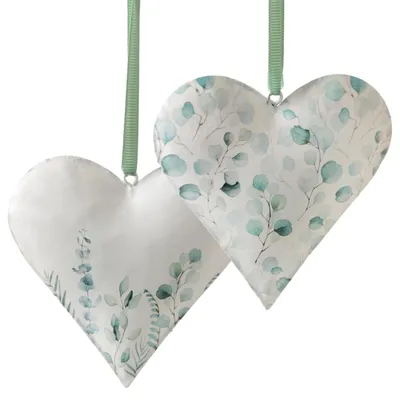 Produktbild von 2 Eukalyptus Metallherzen Anhänger weiß grün - Hochzeit Taufe Valentinstag 10 cm
