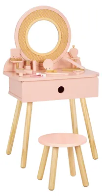 Produktbild von Tooky Toy Schminktisch aus Holz für Kinder in Rattanoptik 50,5 x 38 x 87 cm