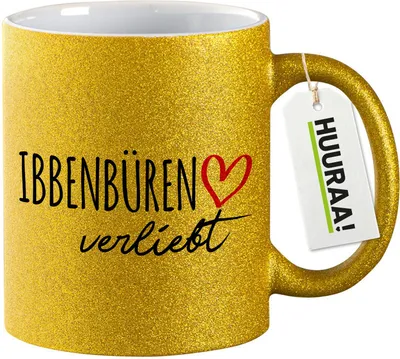 Produktbild von Huuraa Glitzertasse Ibbenbüren verliebt 330ml Gold Keramik Kaffeebecher Geschenkidee