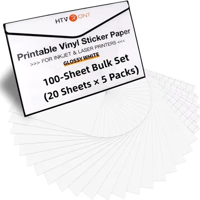 Produktbild von Bedruckbares Vinyl-Aufkleberpapier - 100 Blatt - 140 g - Glänzendes Weiß - Wasserfest - Für Tintenstrahl- und Laserdrucker