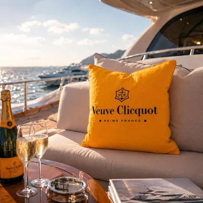 Produktbild von Orangenes Dekokissen 40x40 cm aus weicher Baumwolle – Zierkissen für Sofa & Outdoor – Stilvolles Lounge Kissen – passend für Veuve Clicquot
