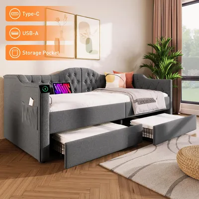 Produktbild von Polsterbett 90x190 cm mit USB Type C Ladefunktion & 2 Schubladen, Tagesbett Bettgestell Grau Leinen-Optik, Stabil für Schlafzimmer & Gästezimmer, Ohne Matratze