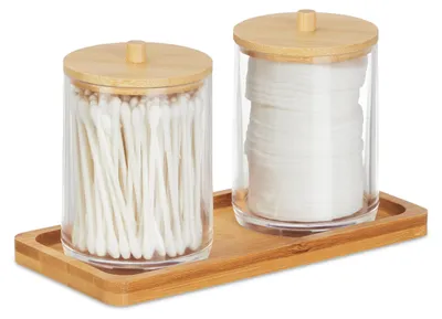 Image de Porte-coton-tiges avec tiroir, 2 récipients avec couvercle, rangement pour cosmétiques en plastique/bambou, transparent/couleur naturelle, clair