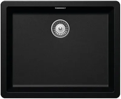 A top-down view of a black kitchen sink with a silver drain.
