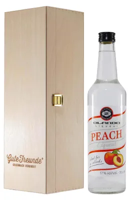 Produktbild von Olando Peach Liqueur mit Geschenk-Holzkiste