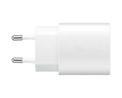 A white Samsung fast charger with two prongs is shown against a white background.