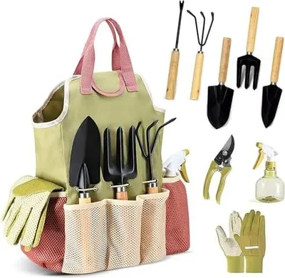 Produktbild von Set, 9 Stück Gartengeräte mit Gartengeräte Organizer Handtasche, Gartenschaufel mit Holzgriff, Blumenschere, Gartenkralle, Geschenke für Gartenliebhaber, Garten Geschenke für Frauen