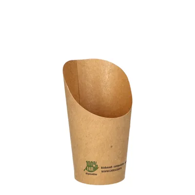 A single brown paper cone-shaped cup for food, with green text and a logo at the bottom.