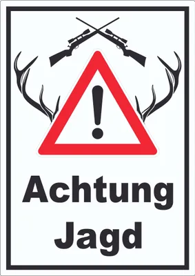 Produktbild von Achtung Jagd Gewehr Schild hochkant A6 Rückseite selbstklebend