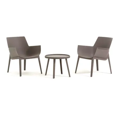 Image de Set de 2 fauteuils de jardin en plastique renforcé de fibres de verre avec table assortie - design moderne, ergonomique et résistant aux intempéries, idéal pour le jardin, la terrasse et le bord de la piscine - BETTY - Taupe