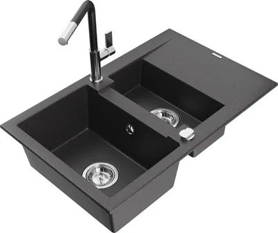 Produktbild von Mexen Gaspar 1,5-Becken-Granitspüle mit Abtropffläche und Mischbatterie Flora, Schwarz gesprenkelt - 6507-76-670401-07