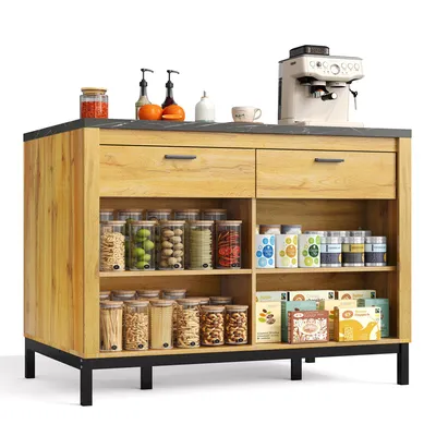 A kitchen island with storage and a coffee machine on top.