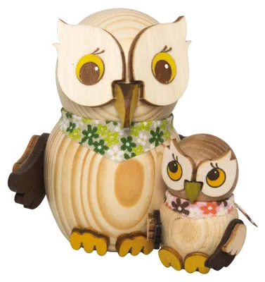 Produktbild von Drechslerei Kuhnert - Mini-Eulen aus Holz - mit Kind - ca. 7 cm groß - als Dekoration oder Geschenk geeignet