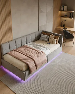 Obrázok produktu pre INONEFT Čalúnená posteľ s rozkladacou sedačkou, 90×200 cm, s LED osvetlením a USB portmi, posteľ pre mládež s hydraulickým úložným priestorom, samostatné postele, plyšová látka, bez matraca, sivá farba, Obrázok generovaný UI