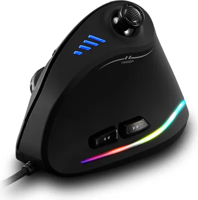 A black gaming mouse with RGB lighting is shown against a white background.