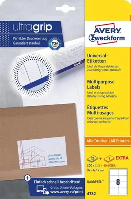Immagine prodotto di AVERY ZWECKFORM Universal-Etiketten, DIN A4 weiß, B x H mm: 97,0 x 67,7, je Blatt: 8 E 667104 4004182047828