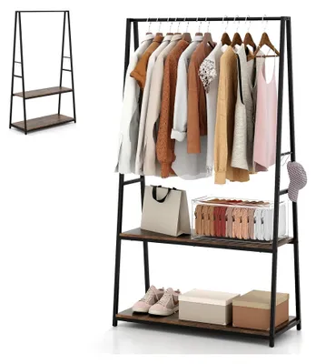 Produktbild von 2-in-1 Garderobenständer mit 2 Ablagen, 94x40x171cm, Garderobe mit 4 Haken, Kleiderstange und Schuhregal, Kleiderständer aus Metall und Holz, offener Kleiderschrank für den Flur (Schwarz)