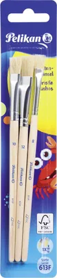 Produktbild von Pelikan Borstenpinselset, 3-teilig, Gr. 8, 10, 12, sortiert, kurz/flach, reine Schweinsborsten, Aluminium, Holz, Beige, Silber, naturbelassen, für Deck- und Temperafarben, Modell 613 F, FSC