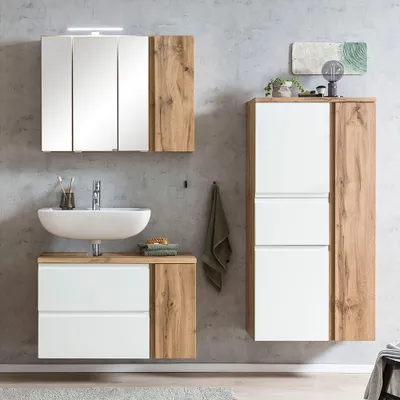 Produktbild von Badmöbel Set mit LED Aufsatzleuchte, Wotan Eiche Nb. mit weiß matt, VASTO-03-WHITE, B/H/T ca. 165/200/35 cm