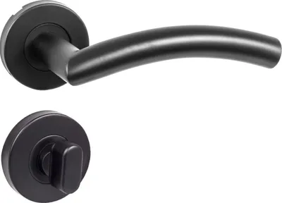 A black door handle set with a lever handle and a separate round rosette with a thumb turn.