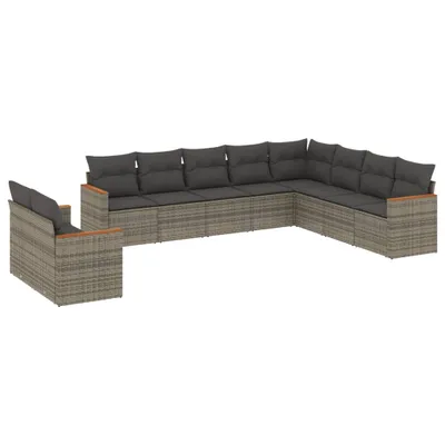 Produktbild von Modulare Garten-Sofagarnitur, 10-teilig, Grau, Poly Rattan, pulverbeschichteter Stahl, UV-beständig, mit abnehmbaren, waschbaren Kissenbezügen