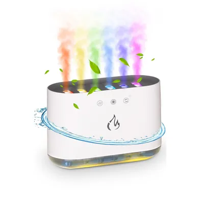 A white aroma diffuser with colorful mist and leaves emanating from it, set against a white background.