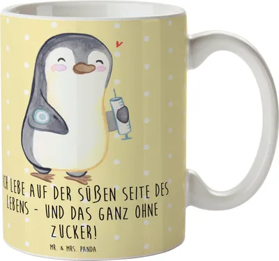 Produktbild von Mr. & Mrs. Panda Trinkbecher Pinguin Diabetes - Gelb Pastell - Geschenk, Kaffeetasse, Zuckerkrankheit, cappuccinotasse, Kaffeepott, Tasse, haferl, Kaffeebecher, Mellitus
