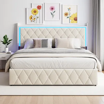Produktbild von 140 x 200 cm großes Stauraumbett aus beigefarbenem Samt mit integrierter LED-Beleuchtung und Ladeanschlüssen – Modernes und funktionales Design