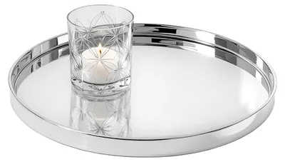 Produktbild von Rundes Metallkerzentablett in Silber - 30 cm - Glänzendes Dekotablett mit Rand