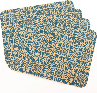 Produktbild von INNA-Glas Rechteckiger Kork Untersetzer ROHESIA, Orientalisches Muster, 4 Stück, Natur-blau, 40x30x0,3cm - Kork Tischset