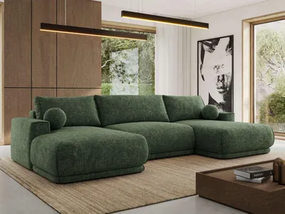 Produktbild von MKS MEBLE Ecksofa XXL Wohnlandschaft RINA U-Form Ecksofa mit Schlaffunktion & Wellenfederung, DL-Schlaffunktion - Dunkelgrün Schenille grob gewebt
