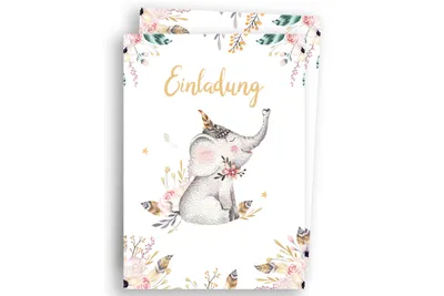 Produktbild von Friendly Fox Elefant Einladung boho, 12 Einladungskarten Kindergeburtstag Elefant, DIN A6 Geburtstagseinladung mit Umschlag