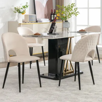 Produktbild von Esszimmerstuhl Polsterstuhl 4er Set Samt Diamantmuster Rückenlehne Metallbeine Verstellbare Füße Beige 47x44x84cm